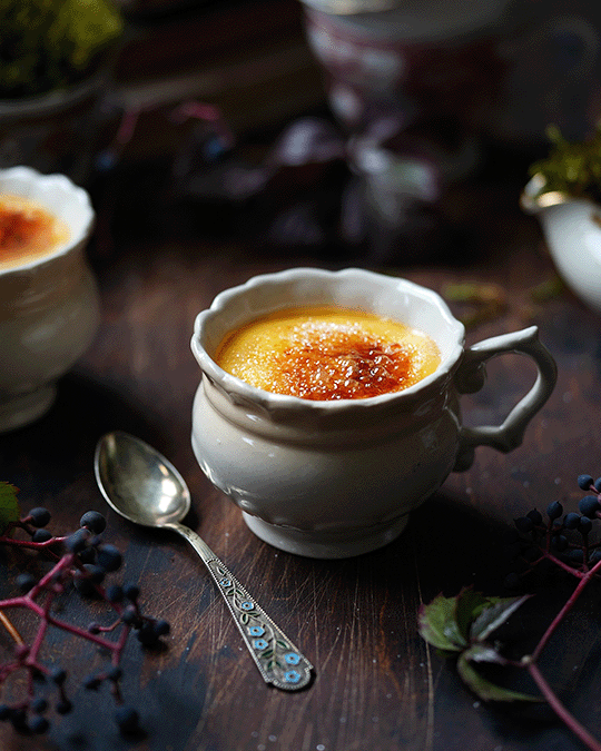 Crackleglass Custard; Sweet and creamy custard topped with a golden, glassy honey, this dessert warms the body from first bite